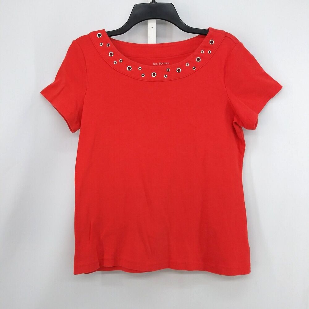 Kim Rogers Shirt Womens Size M Red Orange Short Sleeve Accented Neckline Top